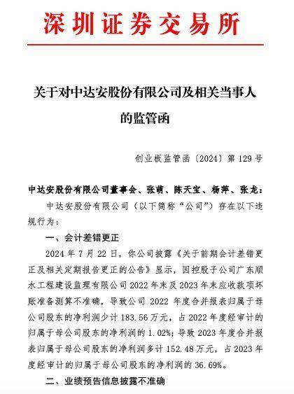 公司舆情｜中达安收监管函，公司存在会计差错更正、业绩预告信披不准确、关联交易未及时信披等违规行为